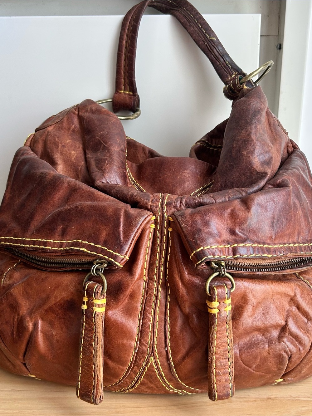 Brown Leather Hobo Bag with Yellow Stitching